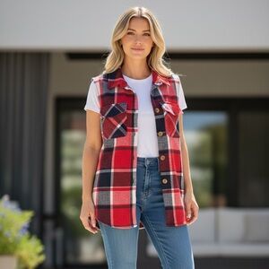 Red Plaid Sleeveless Button-Up Shirt
